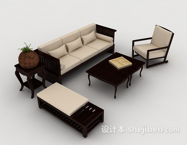 免费新中式简约木质组合沙发3d模型下载