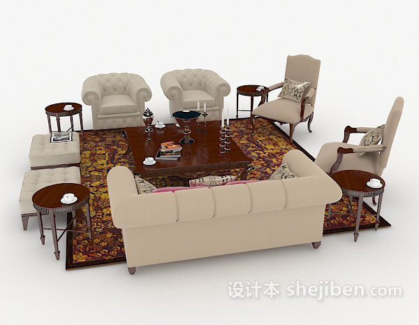 设计本浅棕色家居木质组合沙发3d模型下载