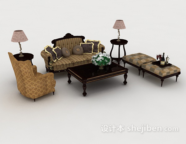 免费欧式木质复古组合沙发3d模型下载