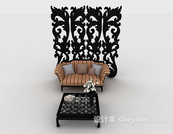 免费新中式条纹双人沙发3d模型下载