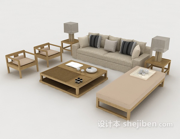 免费简单木质灰棕色组合沙发3d模型下载