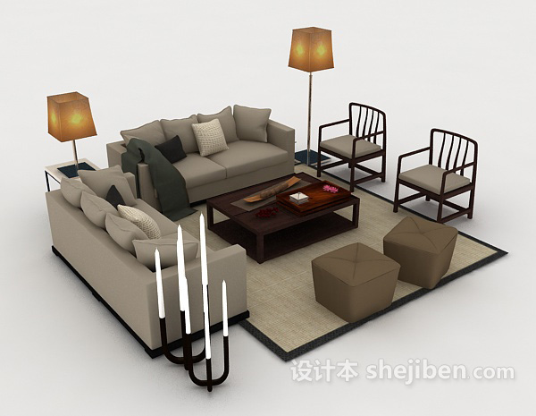 现代灰色木质组合沙发3d模型下载