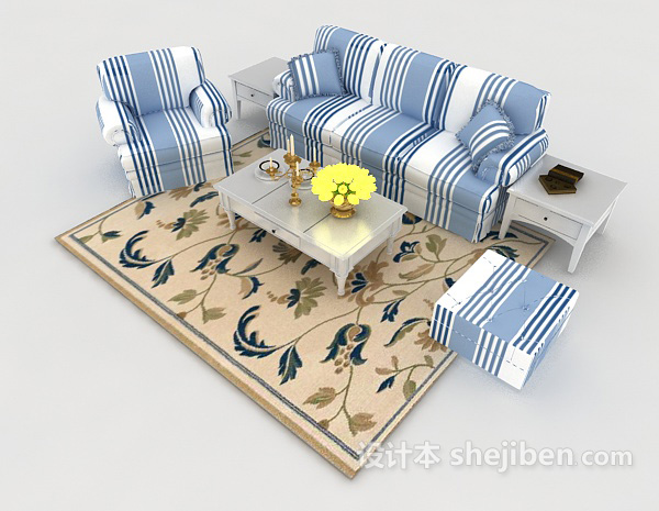 免费地中海蓝白条纹沙发3d模型下载