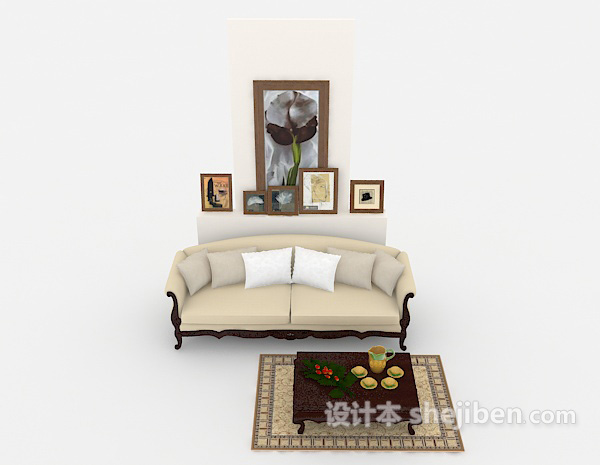 欧式风格欧式浅棕色木质双人沙发3d模型下载