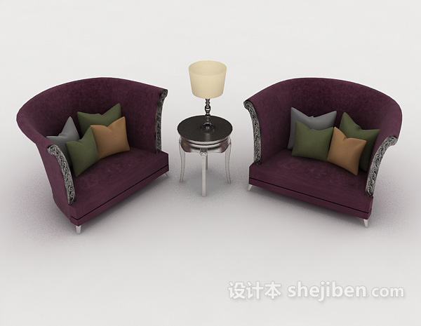 欧式风格欧式紫色单人沙发组合3d模型下载