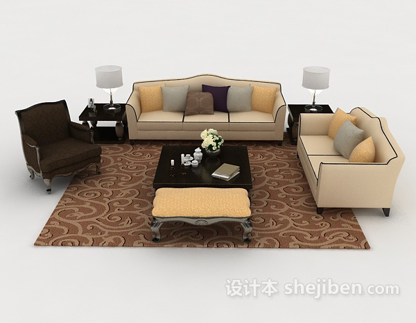 欧式风格欧式家居木质组合沙发3d模型下载