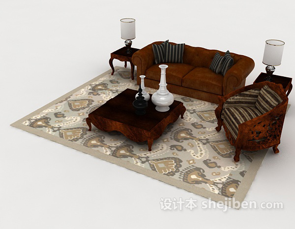 免费中式复古木质深棕色组合沙发3d模型下载