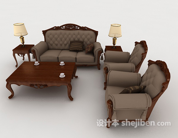 设计本欧式木质灰棕色组合沙发3d模型下载