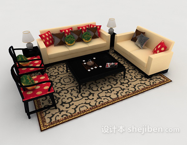 中式风格新中式家居木质组合沙发3d模型下载