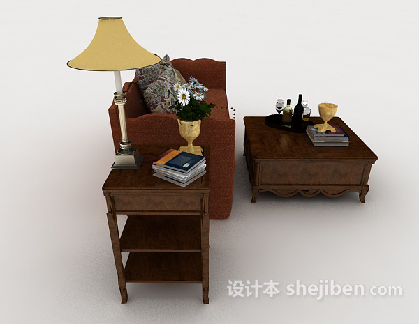 设计本新中式暗红色双人沙发3d模型下载