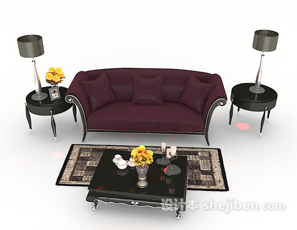 欧式风格玫红色简单多人沙发3d模型下载