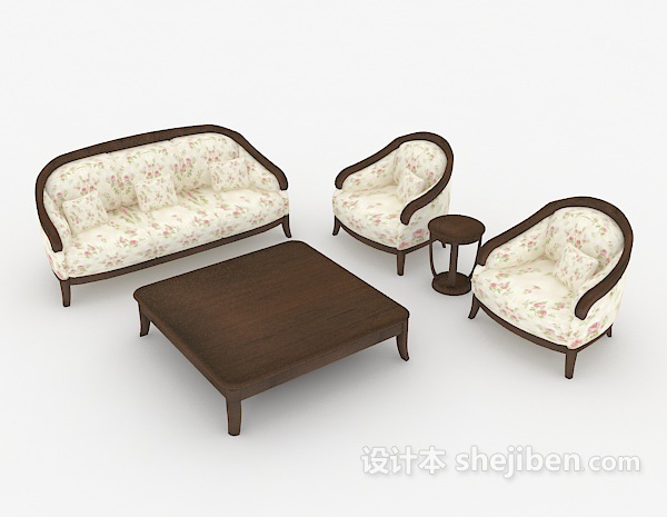 田园风格田园粉色花朵组合沙发3d模型下载