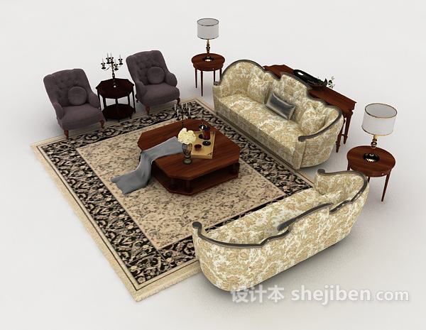 设计本欧式家居黄色组合沙发3d模型下载