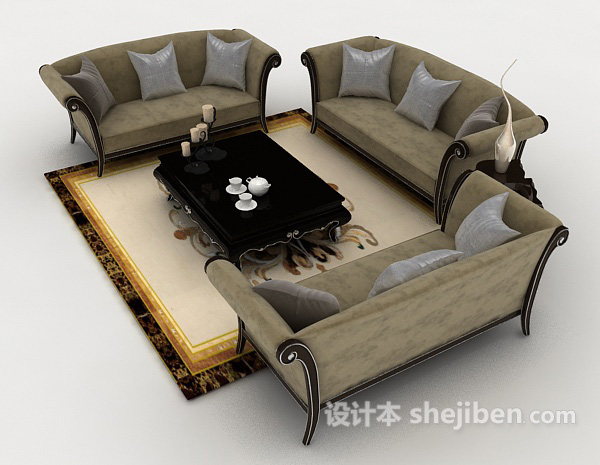 设计本简欧灰棕色组合沙发3d模型下载