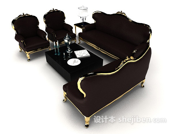设计本欧式复古棕色组合沙发3d模型下载