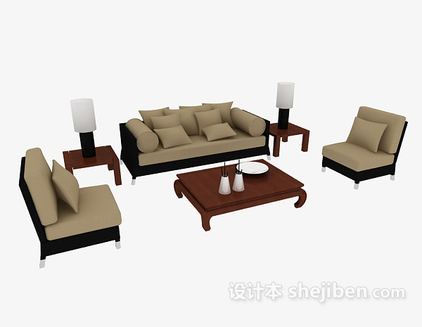 免费新中式沙发茶几组合3d模型下载