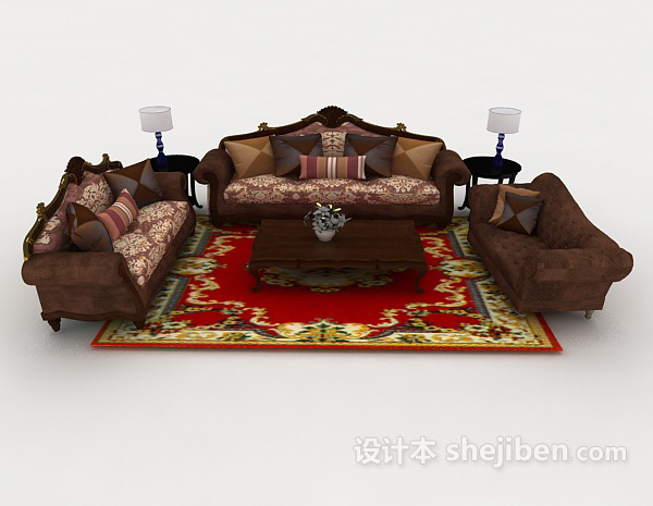 欧式风格欧式木质复古棕色组合沙发3d模型下载