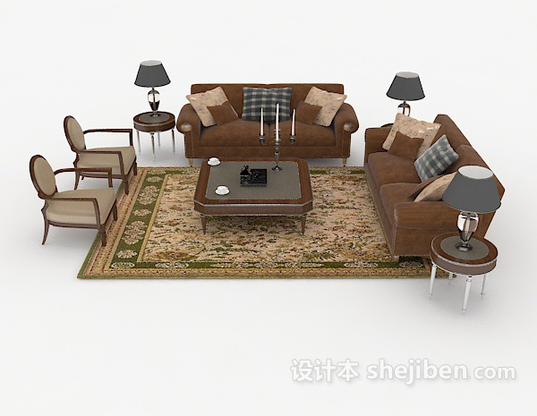 中式风格中式复古棕色家居组合沙发3d模型下载