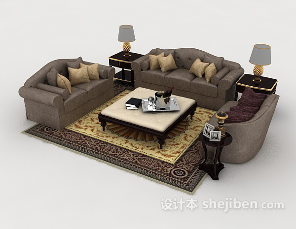免费欧式灰色家居木质组合沙发3d模型下载