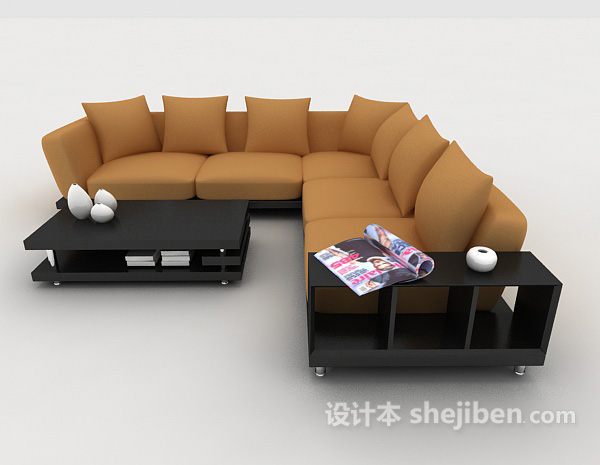 免费现代黄棕色简约多人沙发3d模型下载