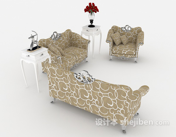 欧式风格欧式浅棕色家居组合沙发3d模型下载