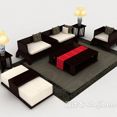 新中式实木型组合沙发3d模型下载