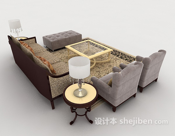 设计本欧式家居复古木质组合沙发3d模型下载