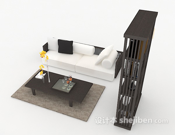 设计本简单新中式风格多人沙发3d模型下载