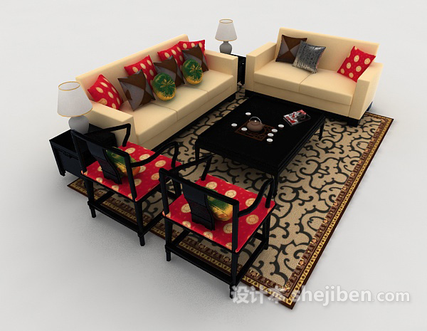 免费新中式家居木质组合沙发3d模型下载