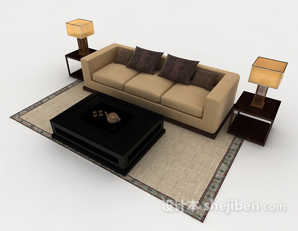 家居简约棕色木质多人沙发3d模型下载