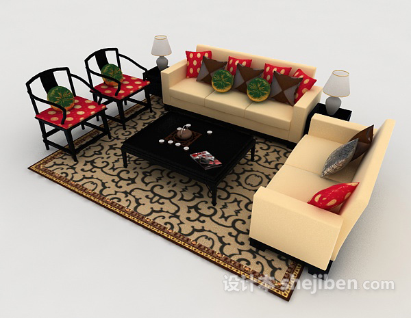 新中式家居木质组合沙发3d模型下载