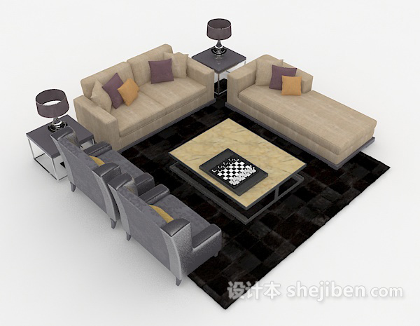 家居棕色休闲组合沙发3d模型下载