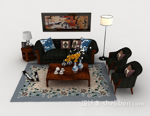 现代风格木质黑色家居组合沙发3d模型下载