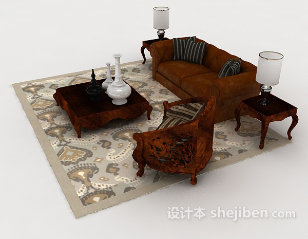 设计本中式复古木质深棕色组合沙发3d模型下载