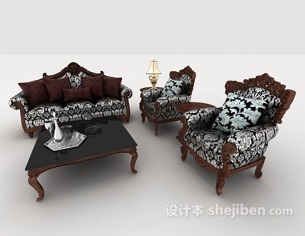 免费欧式复古花纹组合沙发3d模型下载