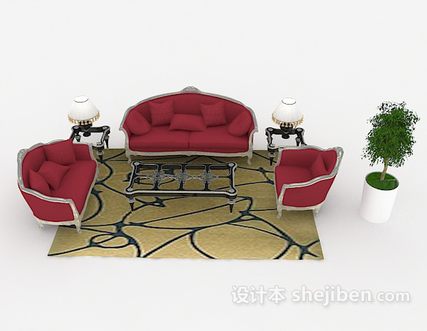 欧式风格大红色欧式组合沙发3d模型下载