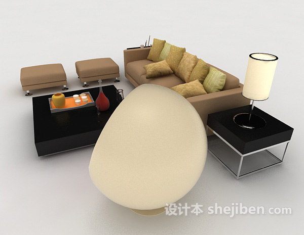 设计本简约家居浅棕色组合沙发3d模型下载