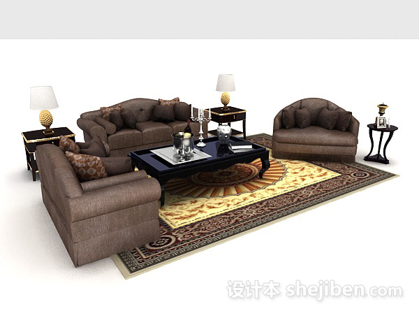 免费新中式深棕色组合沙发3d模型下载