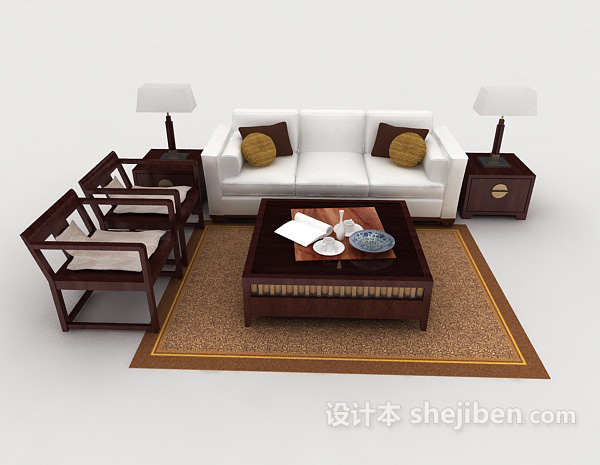中式风格新中式白色组合沙发3d模型下载