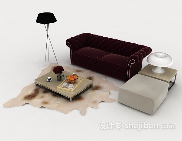 免费欧式暗红色双人沙发3d模型下载