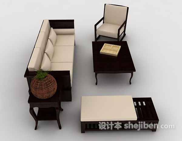 设计本新中式简约木质组合沙发3d模型下载