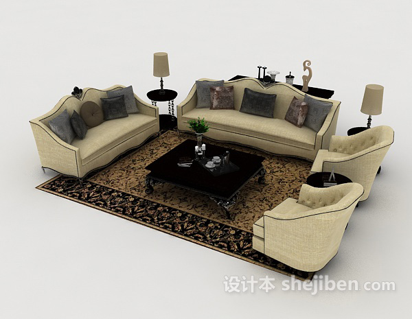 免费米棕色家居组合沙发3d模型下载