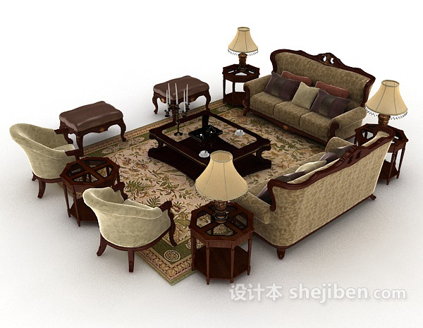 设计本欧式复古棕色木质组合沙发3d模型下载