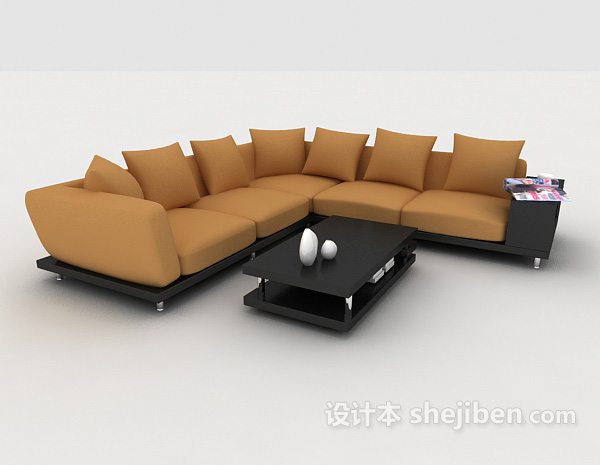 现代风格现代黄棕色简约多人沙发3d模型下载