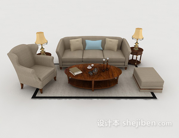 现代风格灰棕色家居组合沙发3d模型下载