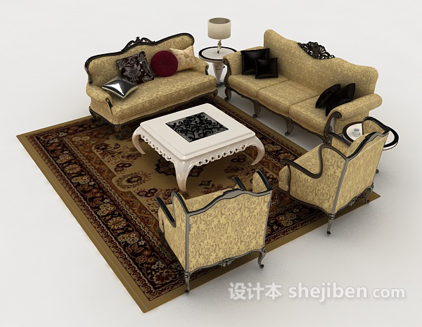 设计本欧式棕黄色花纹组合沙发3d模型下载
