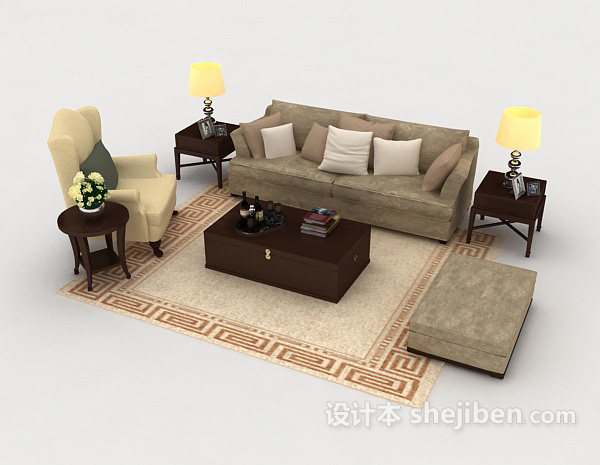免费现代木质家居棕色组合沙发3d模型下载