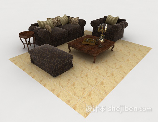 欧式深棕色花纹组合沙发3d模型下载