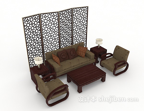 中式木质组合沙发