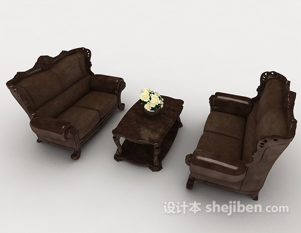 中式风格中式复古深棕色组合沙发3d模型下载